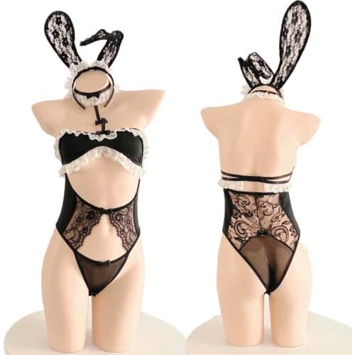 Cute Rabbit Girl Summer Tight Lace Hollow Bodysuit Sexy Women Bunny Cosplay Bodycon Night Party Club Outfit Rompers Sleepwear