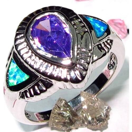 Fleure Esme fashion charm Wedding Rings Jewelry for Noble women Purple Cubic Zirconia and Blue opal Rhodium Plated R196 size 8 9