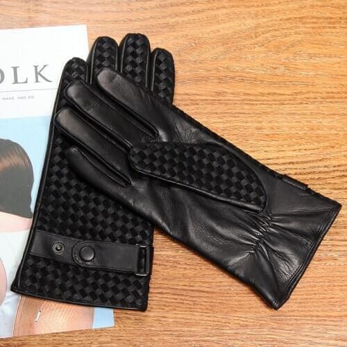 Genuine Leather Mens Gloves Autumn Winter Thermal Plush Lined Woven Black Sheepskin Gloves Male Free Shipping DQ0130