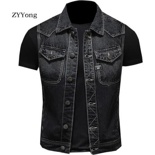 Spring Summer European Style Retro Black Slim Denim Vest Coat Men Waistcoat Classical Sleeveless Jean Jacket Casual Gilet Homme