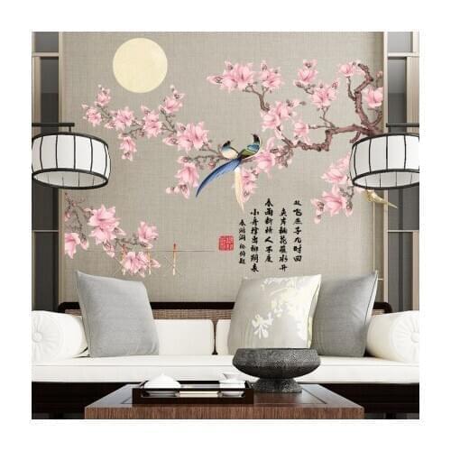 Peach Blossom Wall Sticker Chinese Style Living Room Background Wall Decals PVC Self-adhesive Room Decoration Bedroom Wallpaper