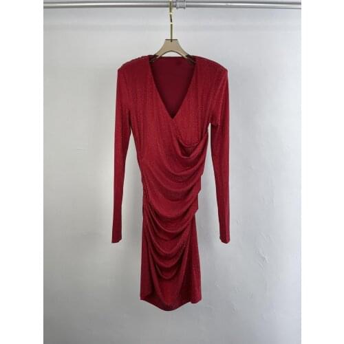 New women Fashion 2021 Long Sleeve V-neck Rhinestone Slim Dress 0323