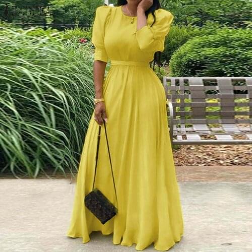Fashion Women Maxi Dress Summer Puff Sleeve Solid Long Vestidos ZANZEA 2021 Elegant O Neck Kaftan Party Sundress Lace Up Dresses