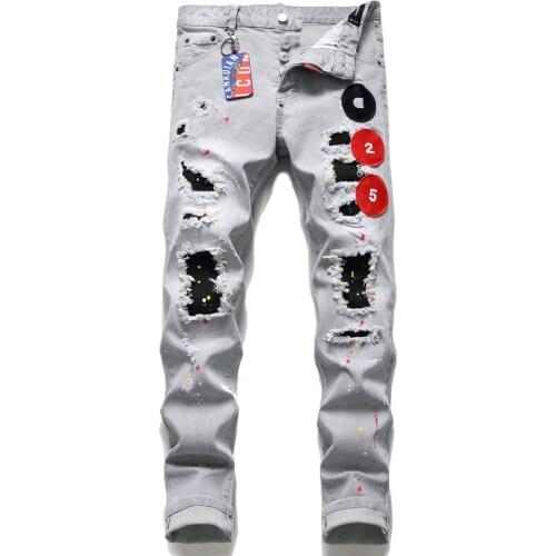 Hot Dsquared2 Classic Retro Mens Ripped Jeans Jogging Track Pants Frayed Holes Patch Badge Jeans DSQ2