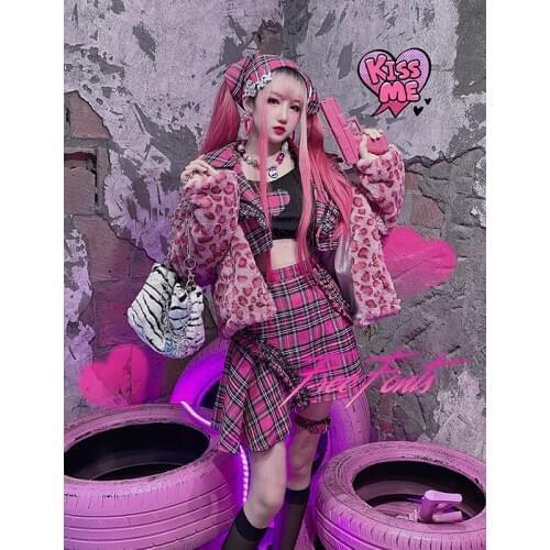 Hot Girls Set Japanese Gothic Harajuku Rock Cake Skirts Pink Ocelot Fashion Sweet Girl Punk High Waist Mini Kawaii Short Skirts