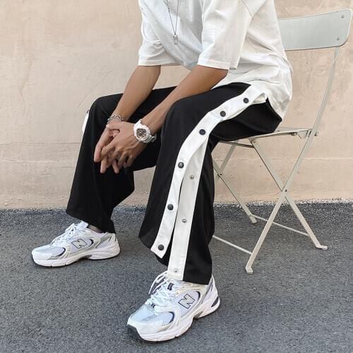 Straight Pants Mens Fashion Cotton Casual Pants Men Streetwear Wild Loose Hip-hop Button Trousers Mens Joggers Sweatpants