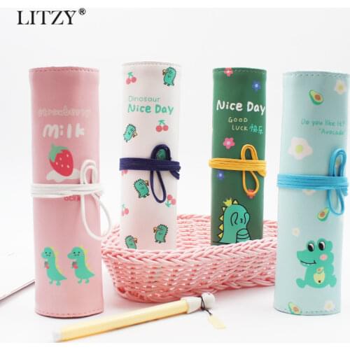 Roll School Pencil Case PU Leather Avocado Dinosaur Pen Bag for Girl Boy Stationery Pouch Roll Makeup Cosmetic Brush Pen Storage