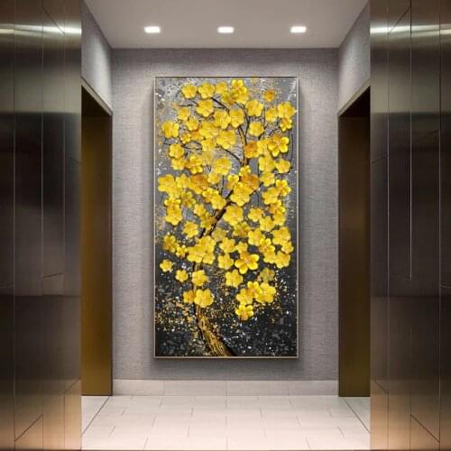 Modern Oil Painting Printed on Canvas Golden Yellow Rich Tree Flower Plant Art Poster Canvas Painting Living Room Wall Painting