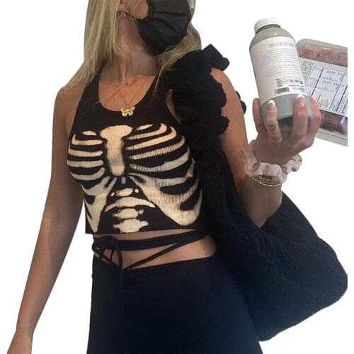 Womens Rib Knit Tank Tops 90s Girls Trendy Sleeveless Round Neck Skeleton Print Crop Tops Streetwear
