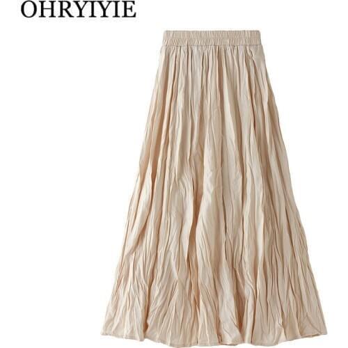 OHRYIYIE Spring Autumn Long Warm Pleated Skirts Women 2020 New Casual Elastic High Waist Skirt Female Beige Khaki Folds Skirts