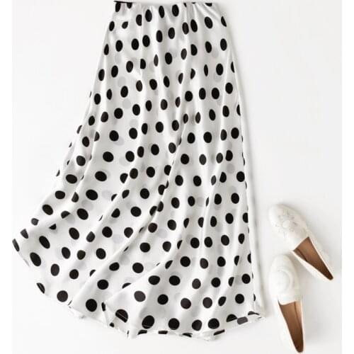 Womens 100% Mulberry Silk Satin Silk White Dots Printed Fishtail Midi Pencil Long Skirt M155