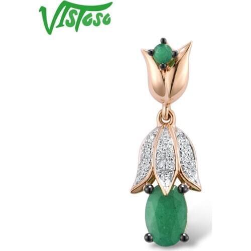 VISTOSO Gold Pendants For Women Pure 14K 585 Rose Gold Flower Natural Emerald Sparkling Diamond Wedding Fine Jewelry