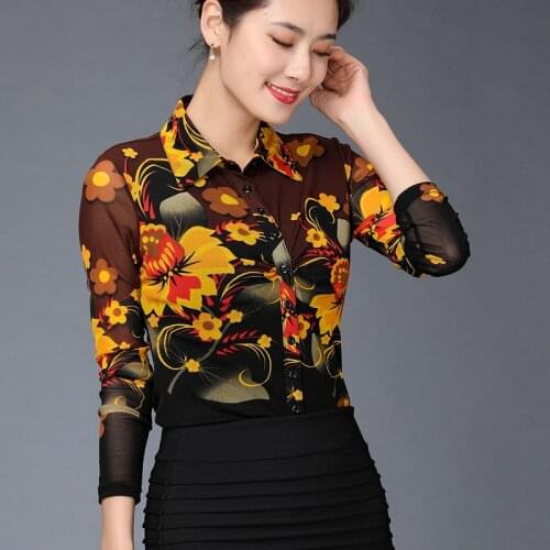 2021 Spring Fall Newly Vintage Women Female Single Breasted Floral Pattern Top Blouse , Woman 4xl Flower Printed Mesh Blouses