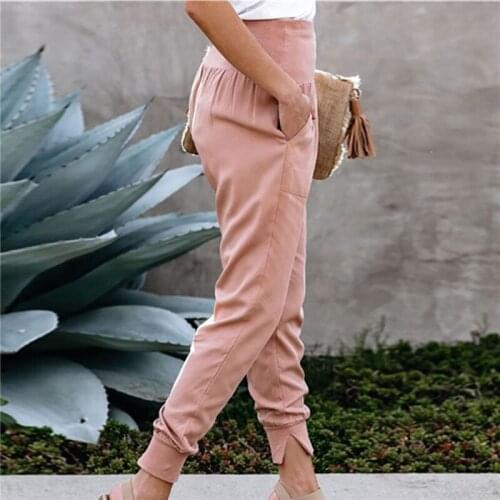 2021 New Summer Womens Pants Casual Lace Up High Waist Harem Pants Solid Female Trouses Pockets Office Lady Spring Autumn