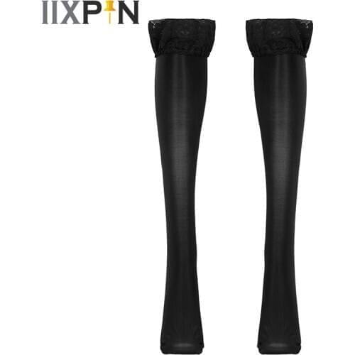 Women Thigh High Stockings 70D Smooth Silky Lace Top Sheer Hosiery Over-the-knee Stockings Silicone Band Non-slip High Socks