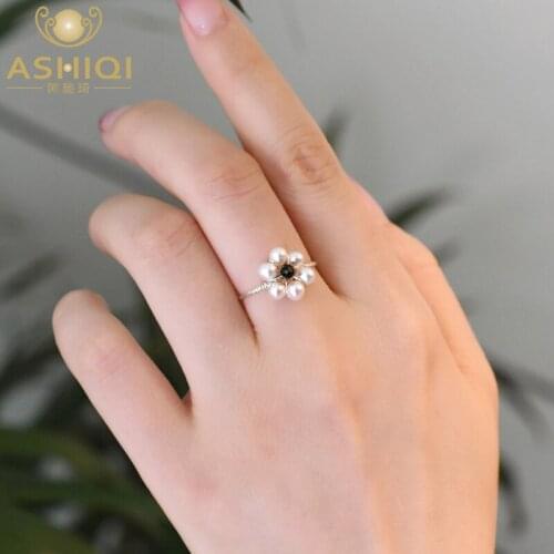 ASHIQI 3-4mm Mini Small Freshwater Pearl Flowers Rings for Women Real 925 Sterling SilverFashion Jewelry for Women Gift
