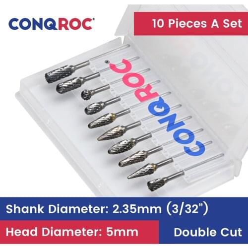 10 Pieces 5mm Cutting Dia Carbide Milling Cutters Set Double Thread Rotary Burrs 3/32" 2.35mm Engraving Bits Shank for Dremel