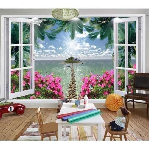 Beibehang Custom wallpaper 3D mural window coconut tree seascape red flower stone path island wall papers home decor wallpaper