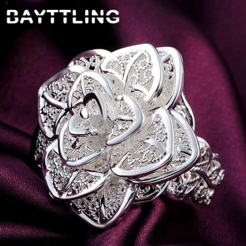BAYTTLING 925 Sterling Silver Ring Fine 3 Layer Flower Open Ring For Woman Fashion Party Jewelry Statement Gift