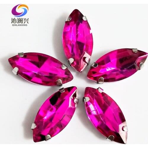 Free shipping Rose red Horse eye shape High quality Glass Crystal sew on claw rhinestones,Diy Clothing accessories SWM09