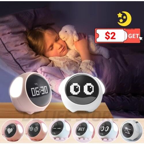 Childrens Smart Alarm Clock Cute Expression Electronic Table clock with night light Calendar Chargeable digital watch Kids gift