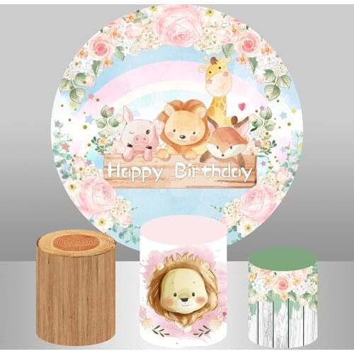 Woodland Party Background for Baby Shower First Birthday Party Decor Dessert Table Banner Flower Animals Circle Round Backdrop