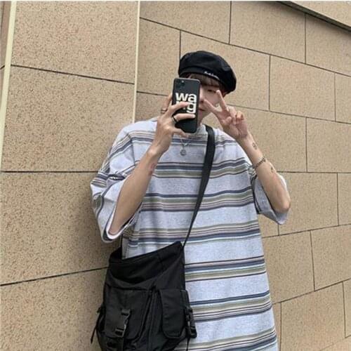 Hip Pop Men T Shirt Striped Summer Short Sleeve O Neck Korean Fashion Harajuku Streetwear Loose Oversized Cotton Unisex Clothing
