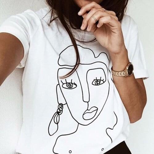 Pure Cotton Abstract Line Drawn Face Printed T-shirt Women Funny Graphic Tees Tops Casual Summer Crewneck T Shirt Femme Camiseta
