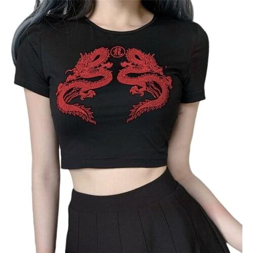 2021 Fashion Trend Women Summer Short Sleeve T-shirt Dragon Print Round Collar Slim Crop Tops Lady Sexy Casual Base Tees