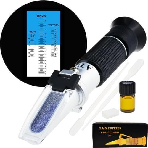 3-in-1 Honey Refractometer Brix/Moisture/Baume Tester Meter ATC, Sugar Water Content Level, Tri-Scale 58-90%/12-27%/38-43Be