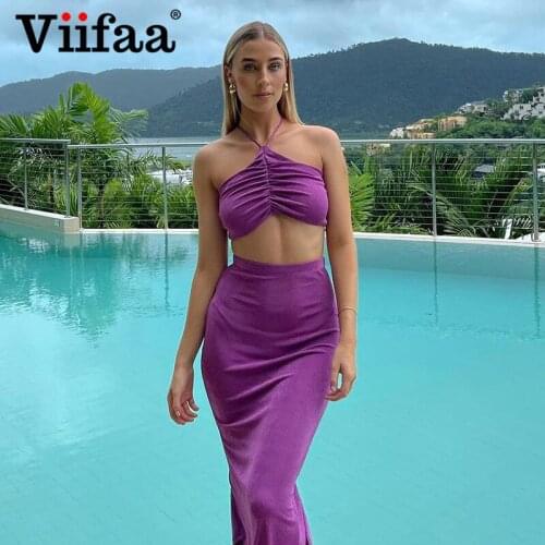 Viifaa Ruched Halter Crop Top and Bodycon Mini Skirt Two Piece Set Women Summer Sexy 2 Piece Sets Skinny Club Outfits
