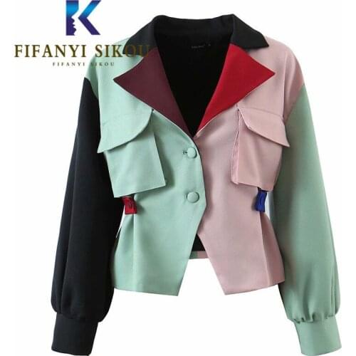 Bomber Jacket Women Spring Autumn Loose Fashion Patchwork Jacket Pocket Lapel Short Coat Female Harajuku Jackets Streetwear