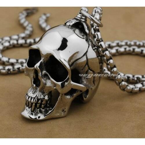 LINSION Huge Heavy 316L Stainless Steel Polished Skull Pendant Mens Biker Rock Punk Style AJ001 Steel Necklace 24inches