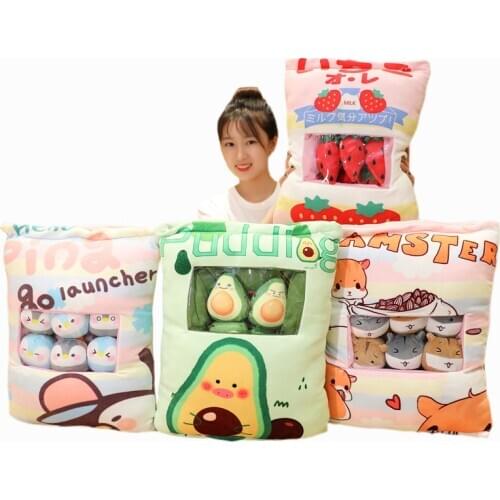 8pcs/lot Cute Avocado/strawberry Snack Bag Plush Doll Stuffed Penguin/Hamster Pudding Cushion/Pillow Kids/Girl Birthday Gifts
