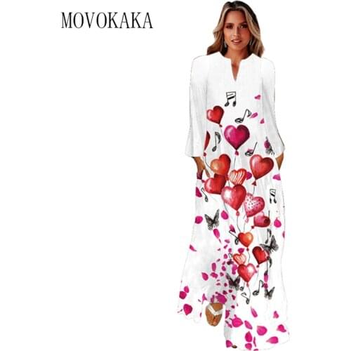 MOVOKAKA 3D Heart Print Long Sleeve Dress 2021 White Breathable Beach Casual Long Dresses Woman Elegant Girl Spring Autumn Dress