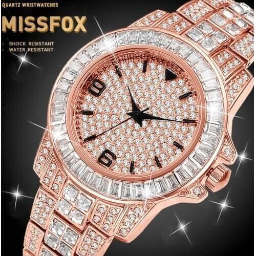 MISSFOX Men Watch Baguette Dimaond Iced Out Rose Gold Watch Men Arabic Explorer Gmt Luxury Male Wrist Watch Hot In Instagram