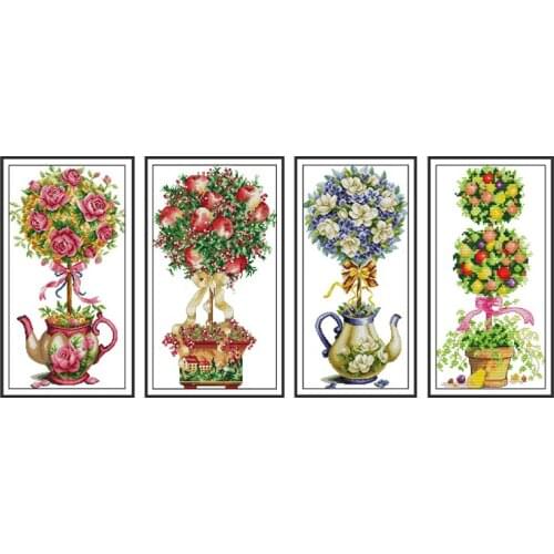 Magnolia Teapot Cross Stitch Kit 14ct Printed Canvas DIY Needlework Set 11ct Counted Cloth Apple Patterns Cross Embroidery Kits