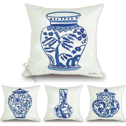 Blue And White Porcelain Vases Painted Chinoiserie Chic Luxury Home Decoration Sofa Throw Pillow Case Velvet Chair Cushion Cover