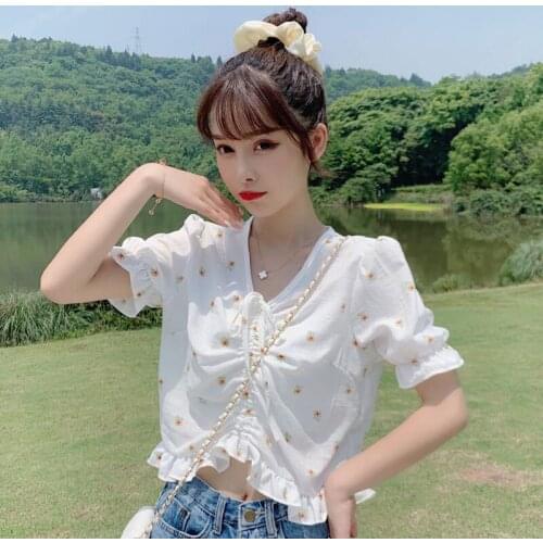 Summer New Fresh Floral V-neck Shirt Womens Design Sense Niche Drawstring Lace Short Sleeve Top
