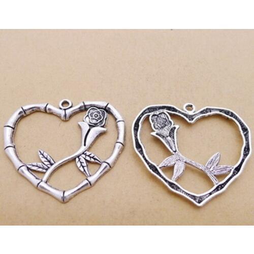 BULK 30pcs Zinc Alloy Metal Rose in Heart Pendant Antique Silver Plated Flower Charm for Necklace 38*42mm 4.2g
