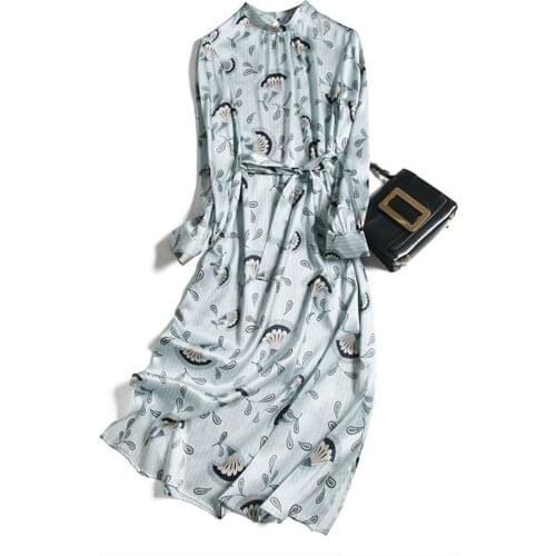High Quality Stand Collar Heavy Silk Satin Blue Floral Mulberry Silk Dress Maxi Dress