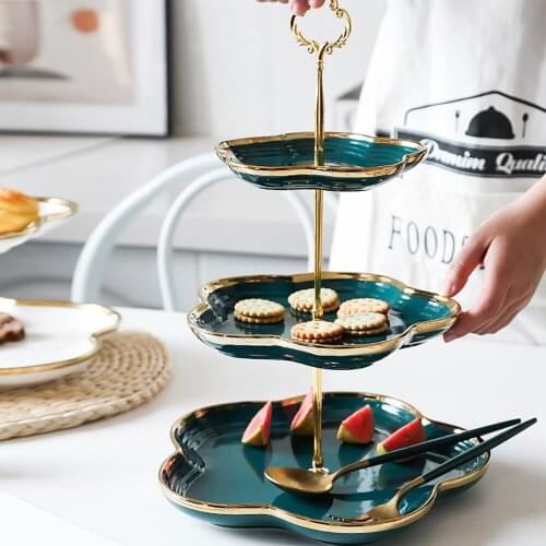 Tray Storage Rack European-style Double Dessert Table White Light Luxury Ceramics Nordic Style Petal Cake Fruit Display Stand