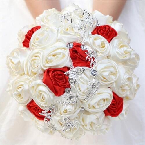 European Style Handmade Wedding Flowers Bridal Bridesmaid Bouquet Home Decorative Hand Holding Flower Satin Rose Crystal Brooch