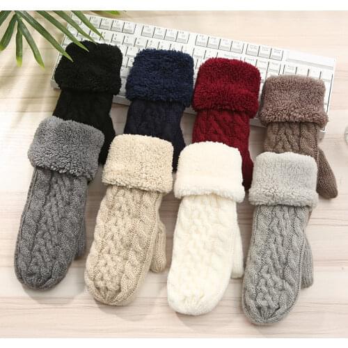 Women Fashion Knit Twist Flowers Mittens Winter Female Wool Plus Cashmere Velvet Thickening Warm Full Finger