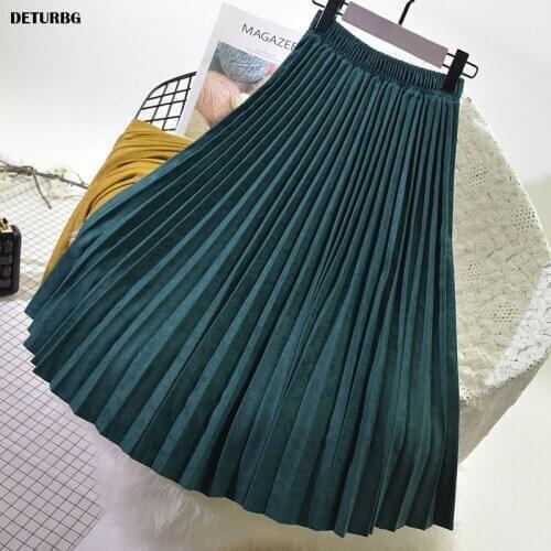 Womens Elegant Suede Pleated Midi Skirt Female High-Quality Elastic High Waist Thick Warm Skirts Saias 2019 Autumn Winter SK394