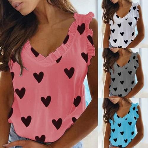 2021 Summer Heart Print Ruffle T Shirt Women Sexy V-neck Butterfly Sleeveless Ladies Tops Loose Streetwear T Shirt