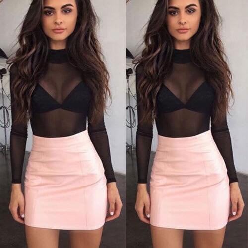 Women Sheer Mesh Fish Net Long Sleeve Turtle Neck Top T-Shirt Female Transparent See Through Black Pink Tops