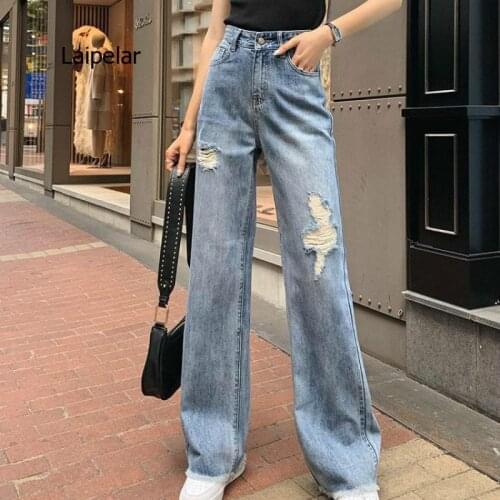 High Waist Wide Leg Hole Jeans Womens 2021 Summer New Drop Loose Straight Long Floor Pants