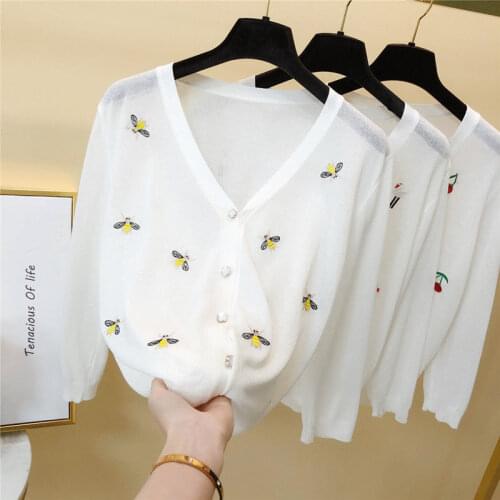 Women New 2021 Summer V-Neck Knitted Casual Ice Silk Sweaters Cardigans Female Embroidery Outwear Ladies Casual Thin Coat G158