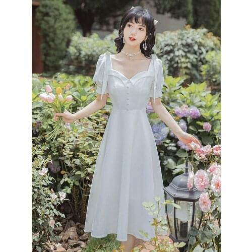2021 Summer New Womens Bowknot Bandage Temperament Puff Sleeve Square Neck Thin Mid-length Dress Wedding Casual White Dress
